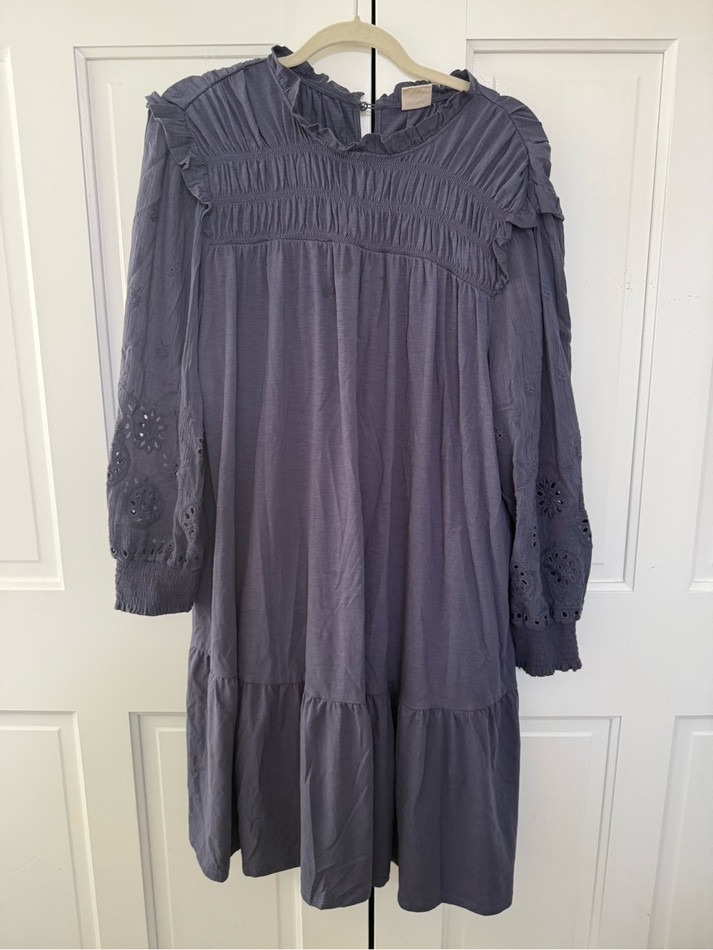 Women's Smocked Ruffle Long Sleeve Dress - Slate Gray